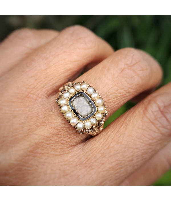 Georgian Enamel and Pearl Mourning Ring in 12K Gold Georgian Enamel and Pearl Mourning Ring in 12K Gold