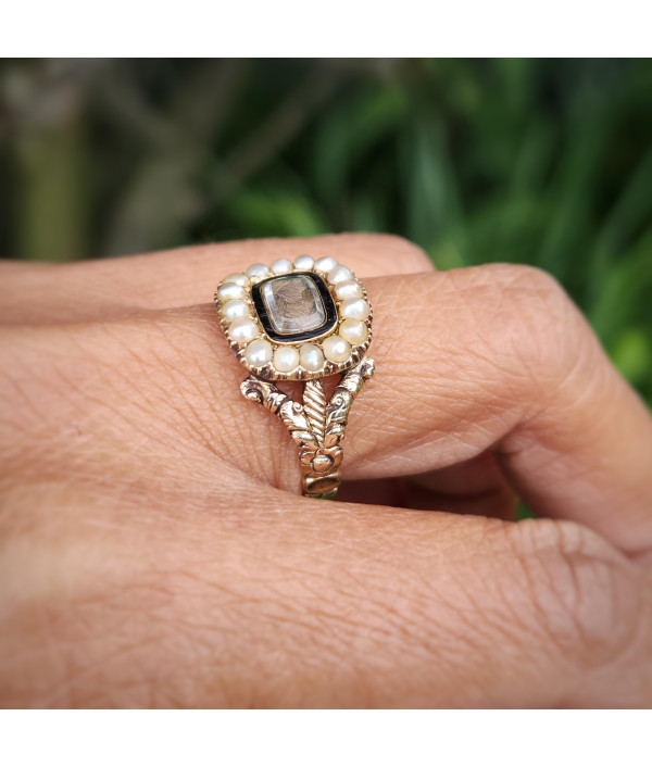 Georgian Enamel and Pearl Mourning Ring in 12K Gold Georgian Enamel and Pearl Mourning Ring in 12K Gold