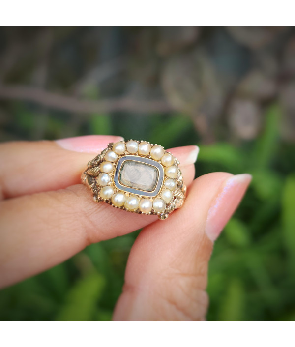 Georgian Enamel and Pearl Mourning Ring in 12K Gold Georgian Enamel and Pearl Mourning Ring in 12K Gold