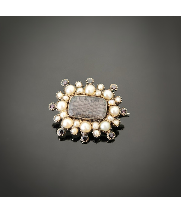 Victorian Pearl and Garnet Woven Hair Mourning Brooch in 12K Gold Victorian Pearl and Garnet Woven Hair Mourning Brooch in 12K Gold