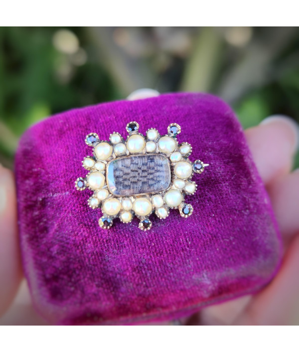 Victorian Pearl and Garnet Woven Hair Mourning Brooch in 12K Gold Victorian Pearl and Garnet Woven Hair Mourning Brooch in 12K Gold