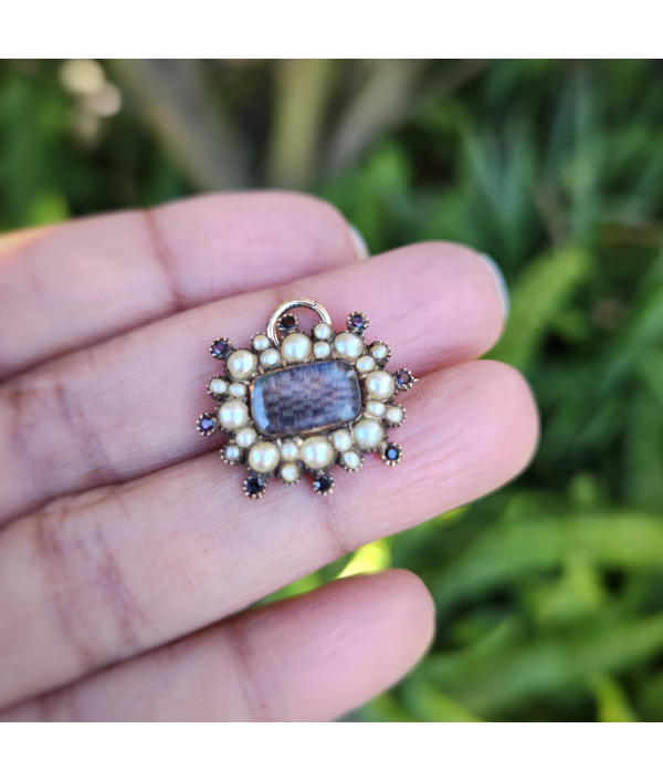 Victorian Pearl and Garnet Woven Hair Mourning Brooch in 12K Gold Victorian Pearl and Garnet Woven Hair Mourning Brooch in 12K Gold