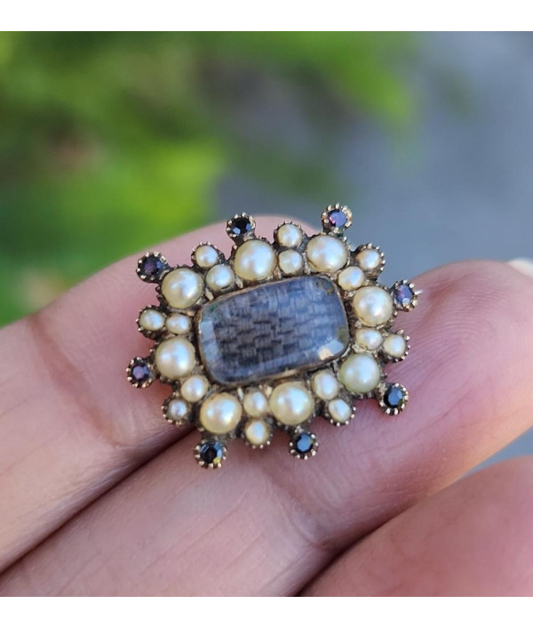 Victorian Pearl and Garnet Woven Hair Mourning Brooch in 12K Gold Victorian Pearl and Garnet Woven Hair Mourning Brooch in 12K Gold