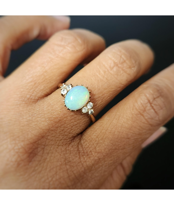 Vintage Solid Jelly Opal & Old Cut Topaz Ring in 9ct Gold Vintage Solid Jelly Opal & Old Cut Topaz Ring in 9ct Gold