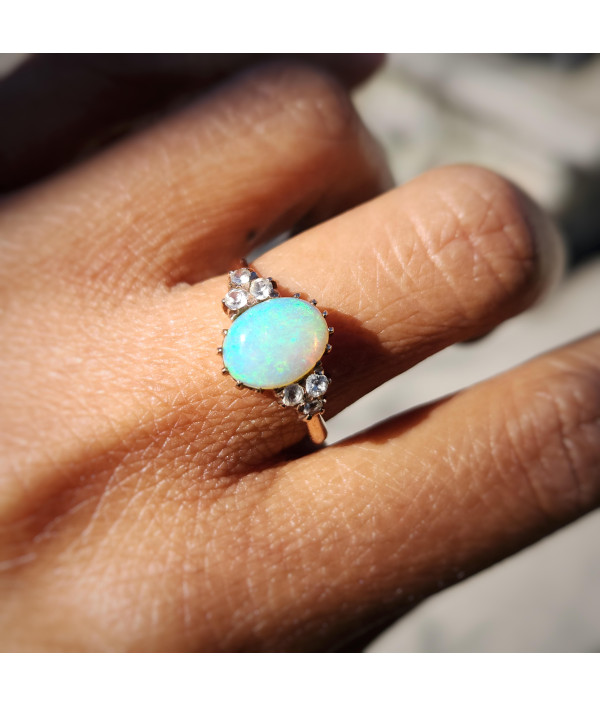 Vintage Solid Jelly Opal & Old Cut Topaz Ring in 9ct Gold Vintage Solid Jelly Opal & Old Cut Topaz Ring in 9ct Gold