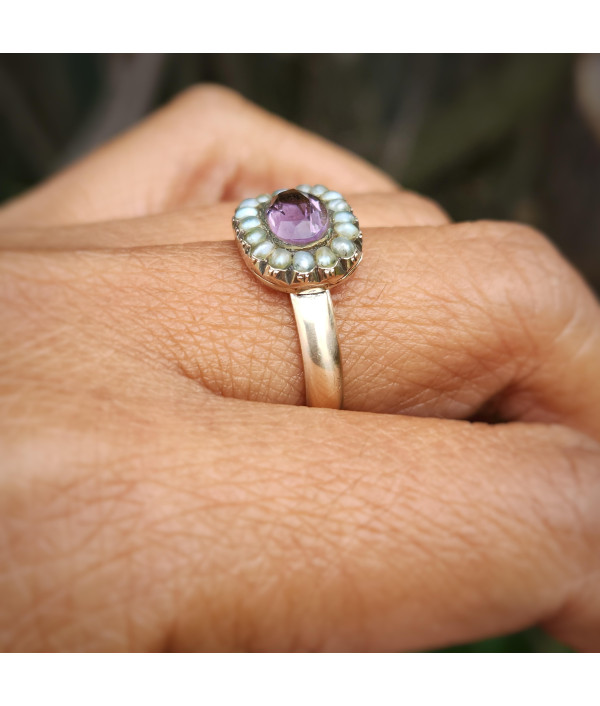 Antique Amethyst and Pearl Cluster Conversion Ring in 9K Antique Amethyst and Pearl Cluster Conversion Ring in 9K