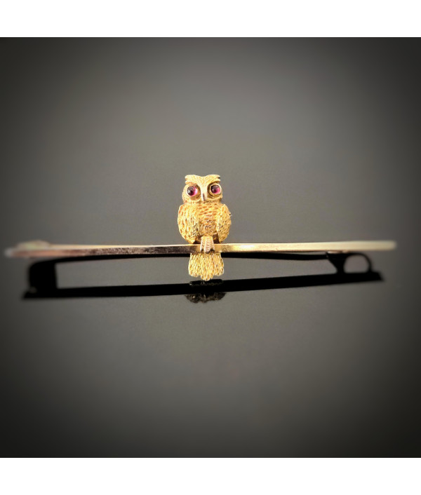 Edwardian 9ct Rose Gold Owl Bar Brooch with Garnet Eyes Edwardian 9ct Rose Gold Owl Bar Brooch with Garnet Eyes