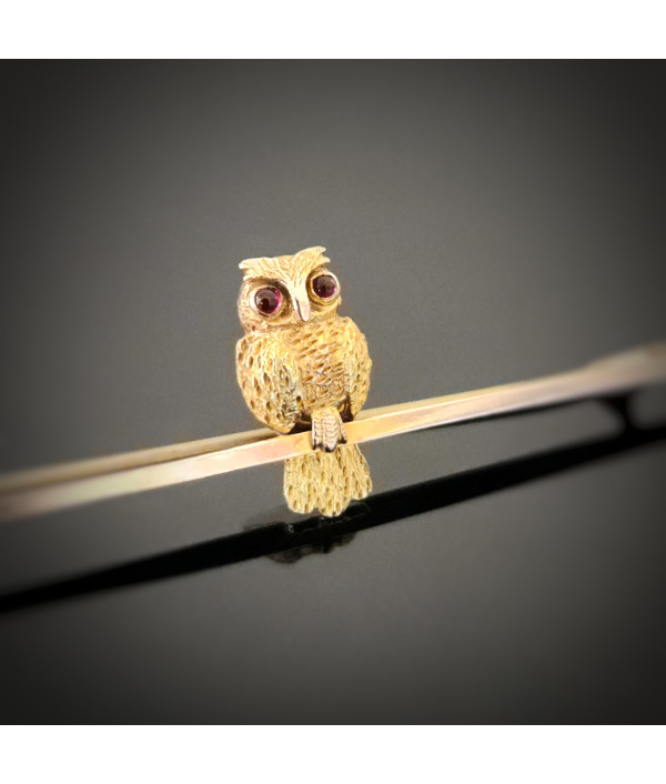 Edwardian 9ct Rose Gold Owl Bar Brooch with Garnet Eyes Edwardian 9ct Rose Gold Owl Bar Brooch with Garnet Eyes