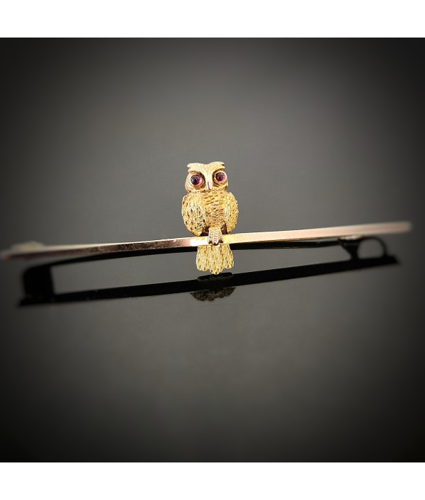 Edwardian 9ct Rose Gold Owl Bar Brooch w...