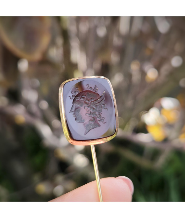Antique Intaglio Stickpin Depicting Hermes, Set in 9ct Gold Antique Intaglio Stickpin Depicting Hermes, Set in 9ct Gold