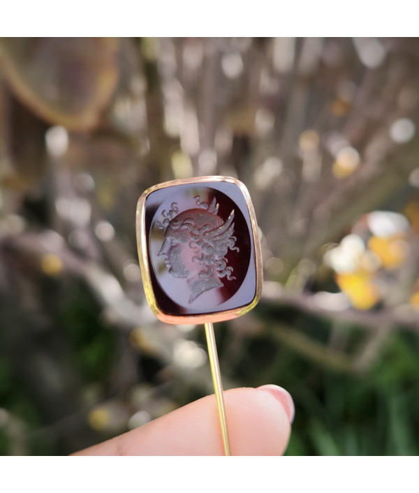 Antique Intaglio Stickpin Depicting Hermes, Set in 9ct Gold Antique Intaglio Stickpin Depicting Hermes, Set in 9ct Gold
