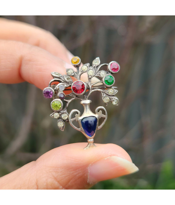 Antique Silver Giardinetti Brooch with Colorful Paste Gemstones Antique Silver Giardinetti Brooch with Colorful Paste Gemstones