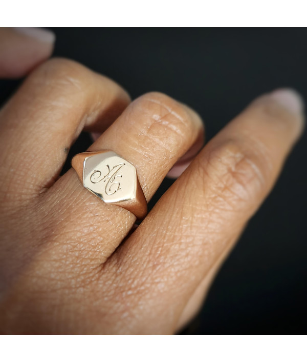 Antique 9ct Rose Gold Hexagonal Signet Ring – Engraved A