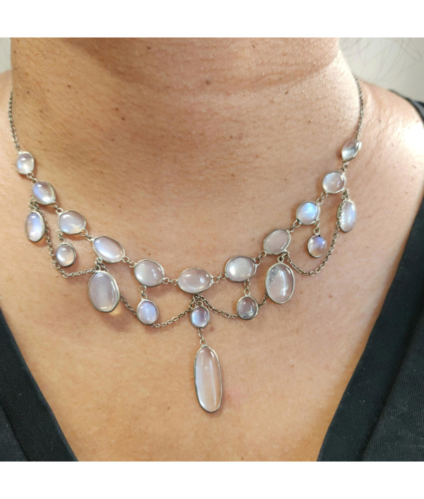 Edwardian Moonstone Festoon Necklace in Sterling Silver 