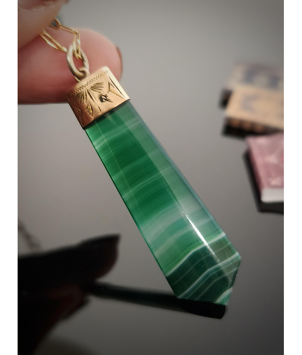 Antique Green Banded Agate Fob Pendant in 9ct Rose Gold