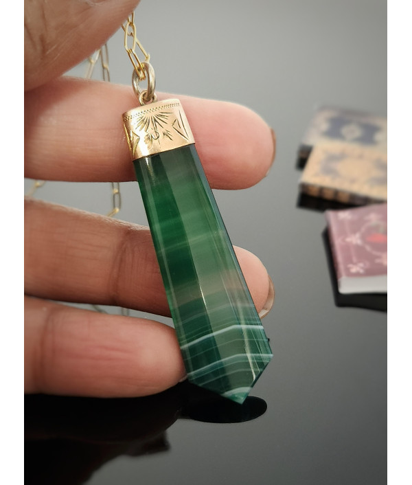 Antique Green Banded Agate Fob Pendant in 9ct Rose Gold