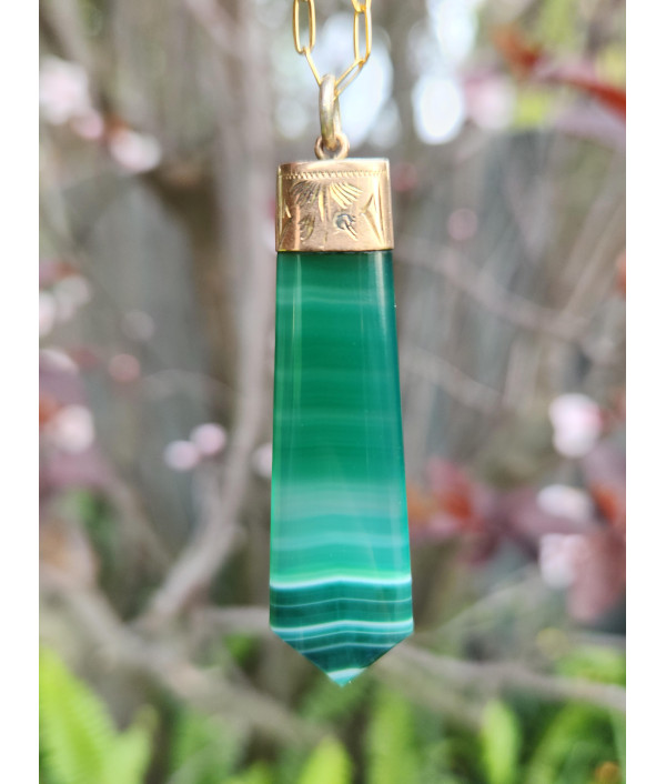 Antique Green Banded Agate Fob Pendant in 9ct Rose Gold