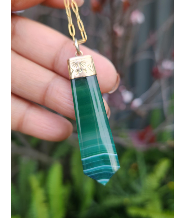Antique Green Banded Agate Fob Pendant in 9ct Rose Gold