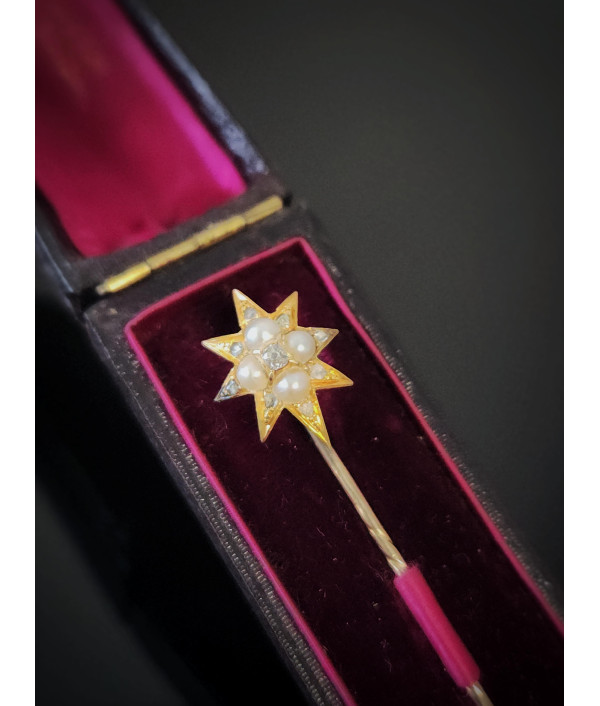 Victorian Diamond and Pearl Starburst Stickpin in 14ct Gold Victorian Diamond and Pearl Starburst Stickpin in 14ct Gold