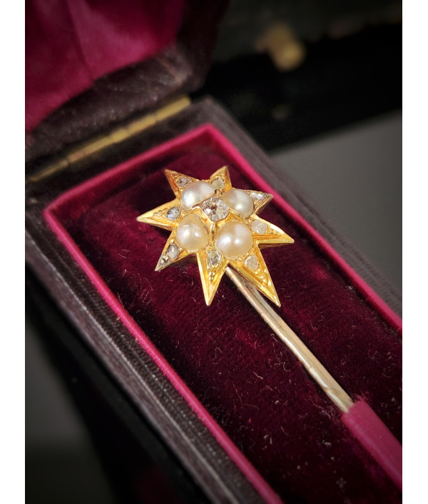 Victorian Diamond and Pearl Starburst Stickpin in 14ct Gold Victorian Diamond and Pearl Starburst Stickpin in 14ct Gold