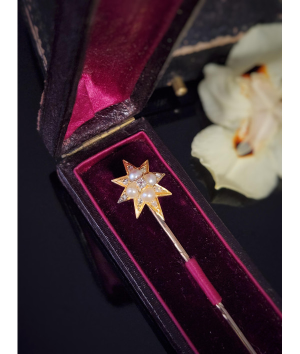 Victorian Diamond and Pearl Starburst Stickpin in 14ct Gold Victorian Diamond and Pearl Starburst Stickpin in 14ct Gold
