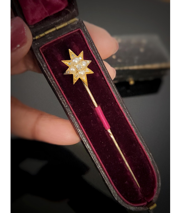 Victorian Diamond and Pearl Starburst Stickpin in 14ct Gold Victorian Diamond and Pearl Starburst Stickpin in 14ct Gold