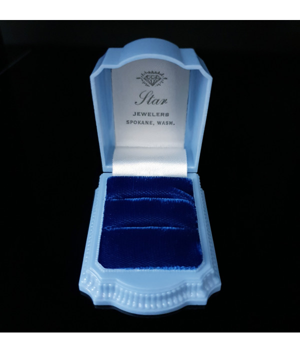 ART DECO DOUBLE SLOT CELLULOID RING DISPLAY BOX WITH BLUE VELVET LINING ART DECO DOUBLE SLOT CELLULOID RING DISPLAY BOX WITH BLUE VELVET LINING