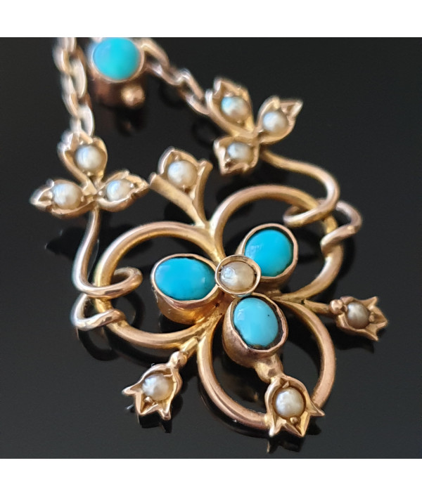 Edwardian Turquoise and Pearl Lavaliere Pendant Edwardian Turquoise and Pearl Lavaliere Pendant