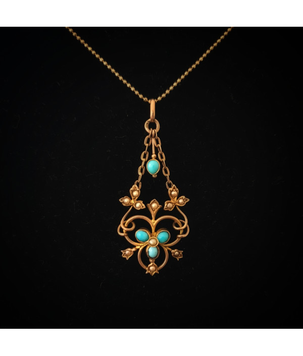 Edwardian Turquoise and Pearl Lavaliere Pendant Edwardian Turquoise and Pearl Lavaliere Pendant