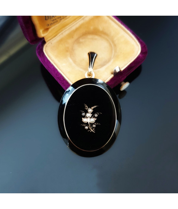 Victorian Black Enamel Mourning Locket Pendant Brooch in 15K Yellow Gold