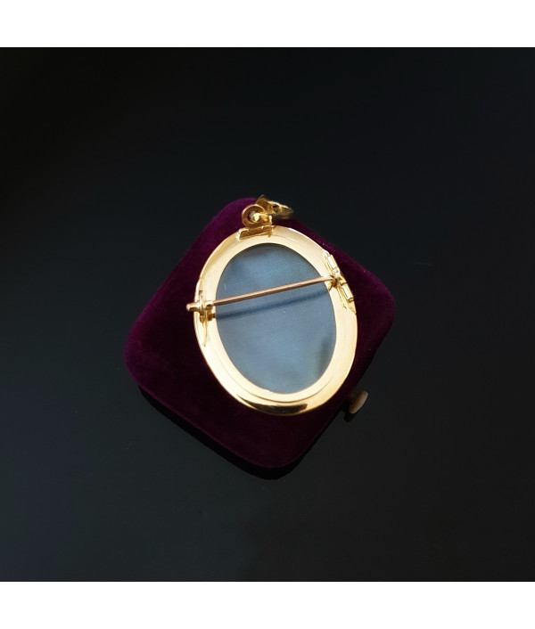 Victorian Black Enamel Mourning Locket Pendant Brooch in 15K Yellow Gold