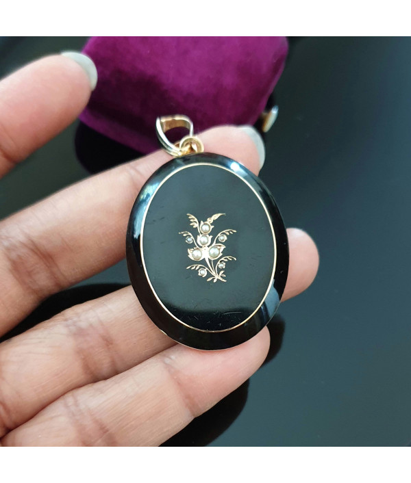 Victorian Black Enamel Mourning Locket Pendant Brooch in 15K Yellow Gold