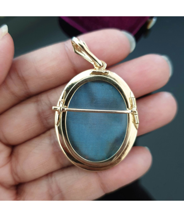Victorian Black Enamel Mourning Locket Pendant Brooch in 15K Yellow Gold