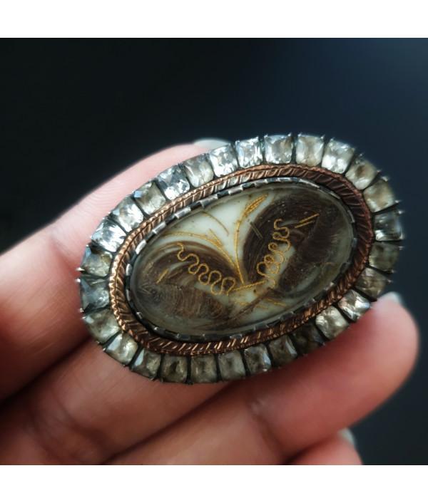 Georgian Mourning Brooch with Weaved Hair Work in Silver and Paste Georgian Mourning Brooch with Weaved Hair Work in Silver and Paste