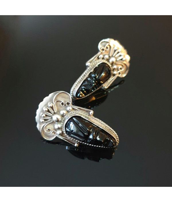 Vintage Carved Onyx Mexican Silver Clip-...