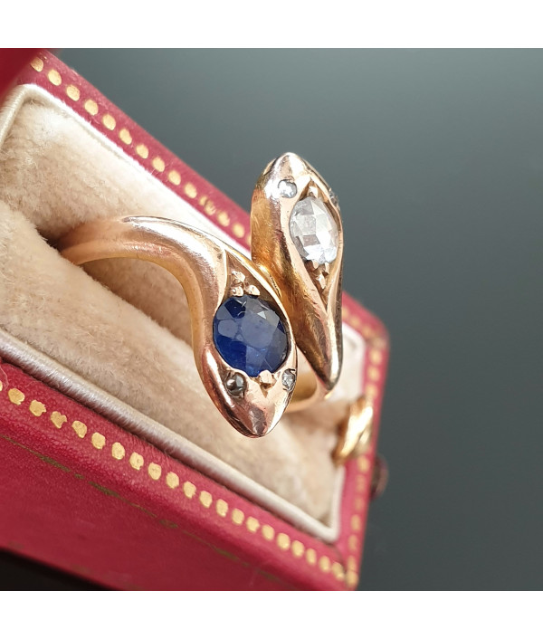 Reserved! Victorian Double Serpent Ring with Rose cut Diamond and Sapphire in 18K Gold Reserved! Victorian Double Serpent Ring with Rose cut Diamond and Sapphire in 18K Gold